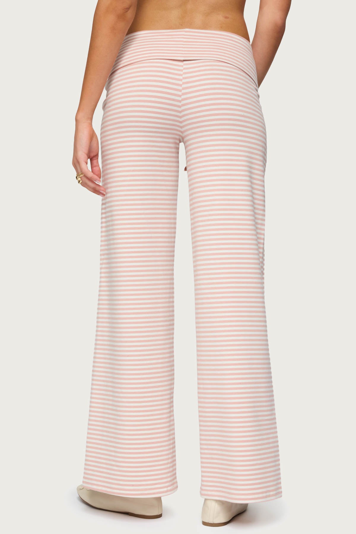Lilah Striped Fold Over Pants - PINK AND WHITE