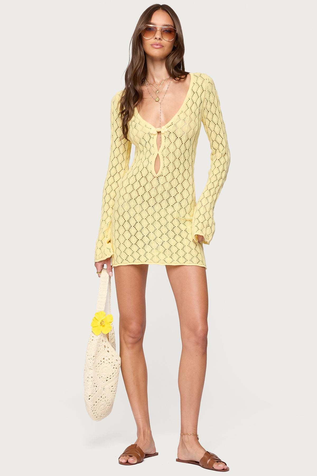 Brie Cut Out Crochet Mini Dress - YELLOW