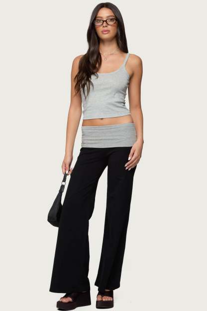 Wide Leg Contrast Foldover Pants - BLACK