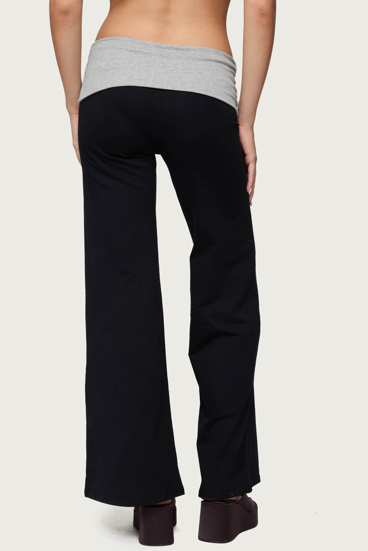 Wide Leg Contrast Foldover Pants - BLACK