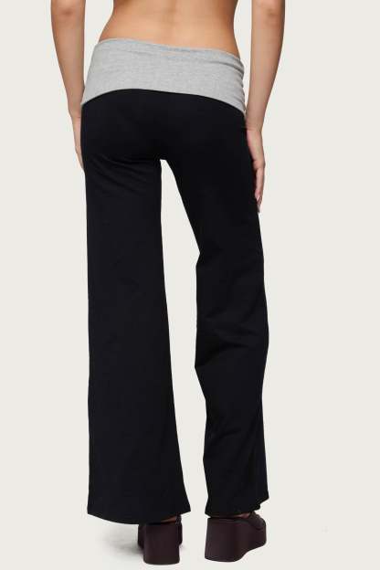 Wide Leg Contrast Foldover Pants - BLACK