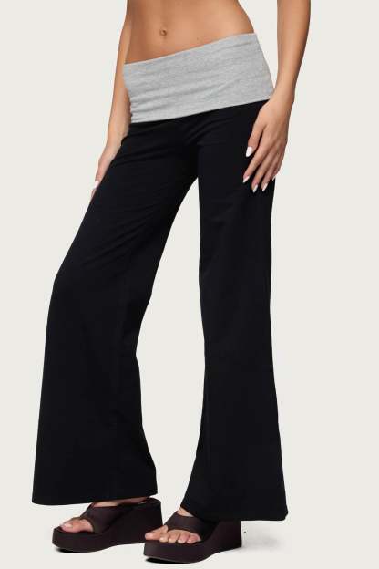Wide Leg Contrast Foldover Pants - BLACK
