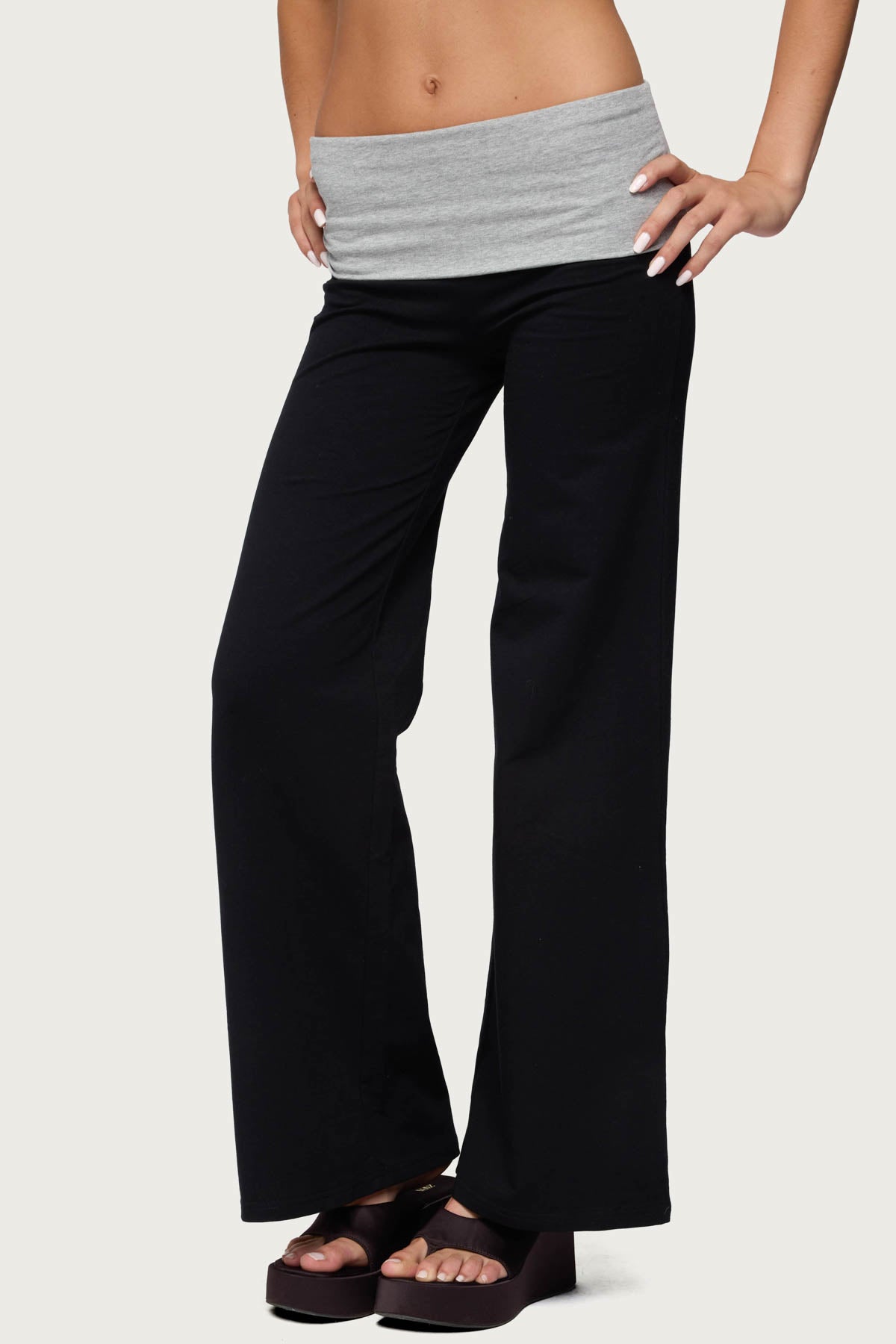 Wide Leg Contrast Foldover Pants - BLACK