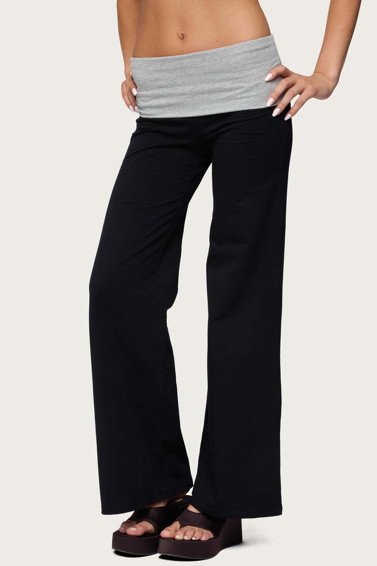 Wide Leg Contrast Foldover Pants - BLACK