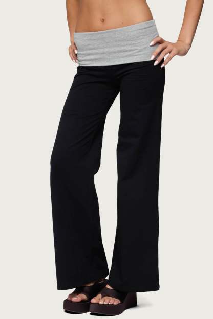 Wide Leg Contrast Foldover Pants - BLACK