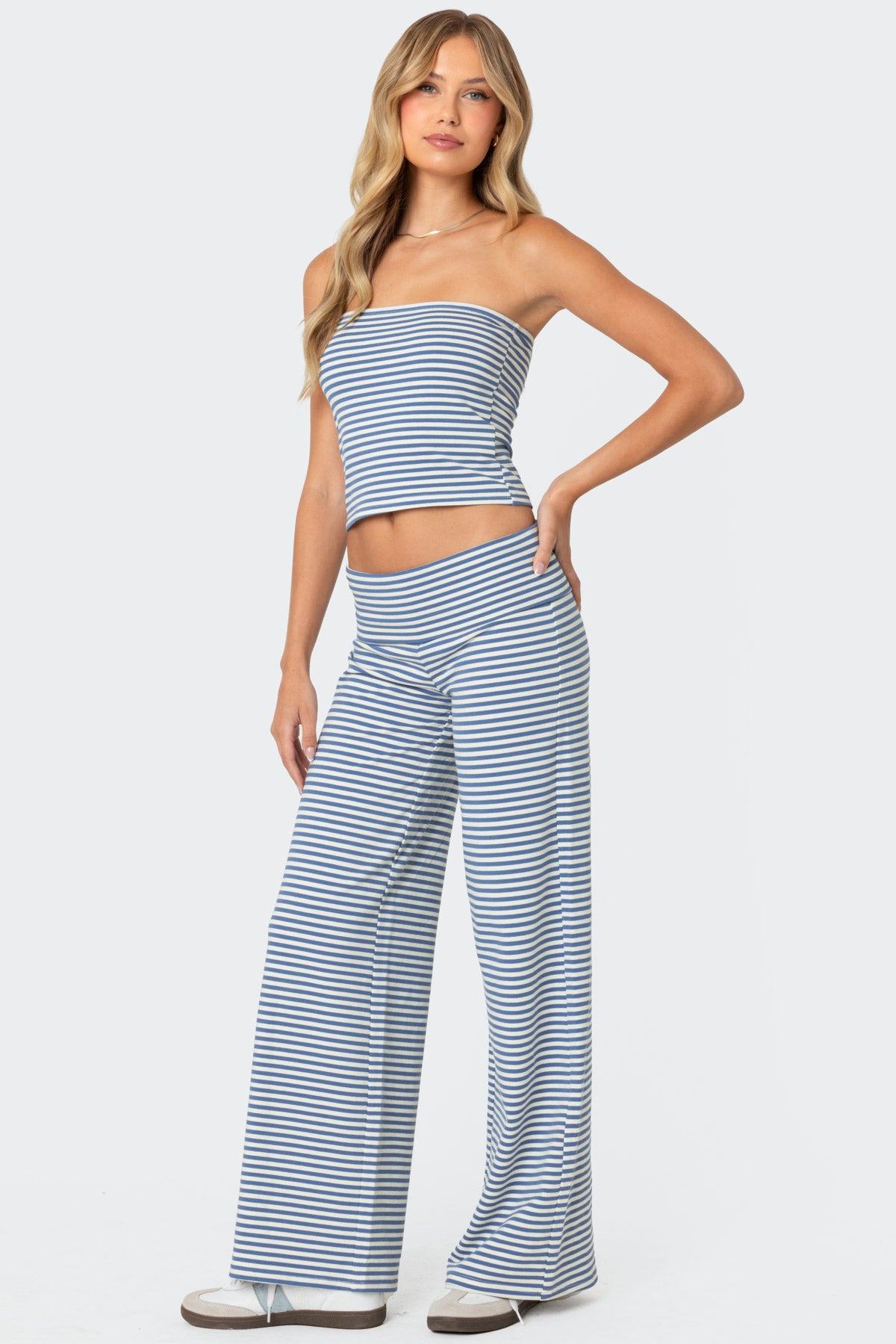 Lilah Striped Fold Over Pants - BLUE AND WHITE