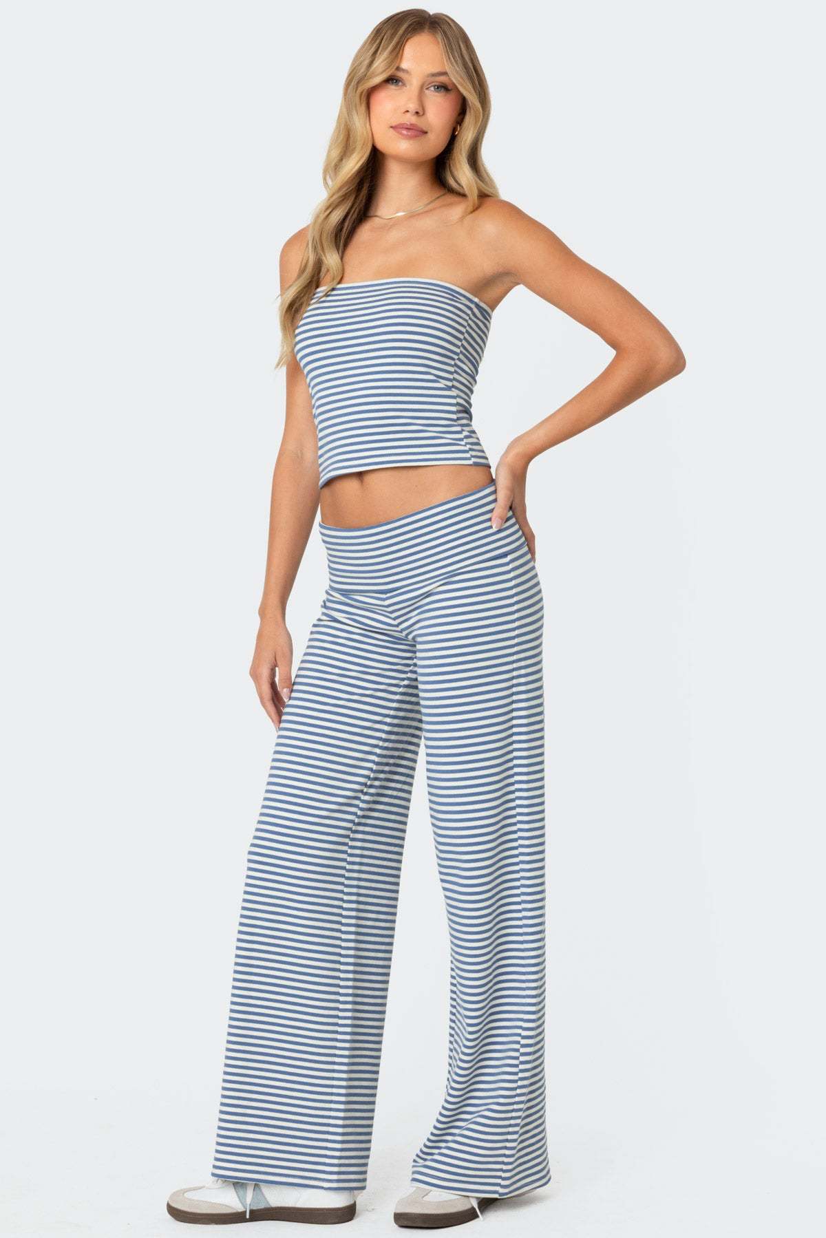 Lilah Striped Fold Over Pants - BLUE AND WHITE