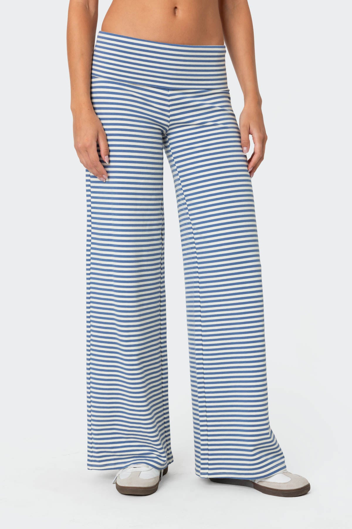 Lilah Striped Fold Over Pants - BLUE AND WHITE