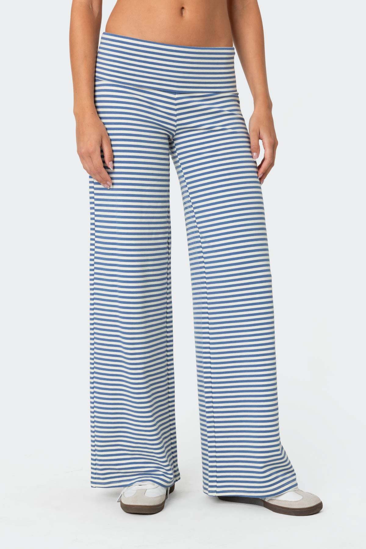 Lilah Striped Fold Over Pants - BLUE AND WHITE