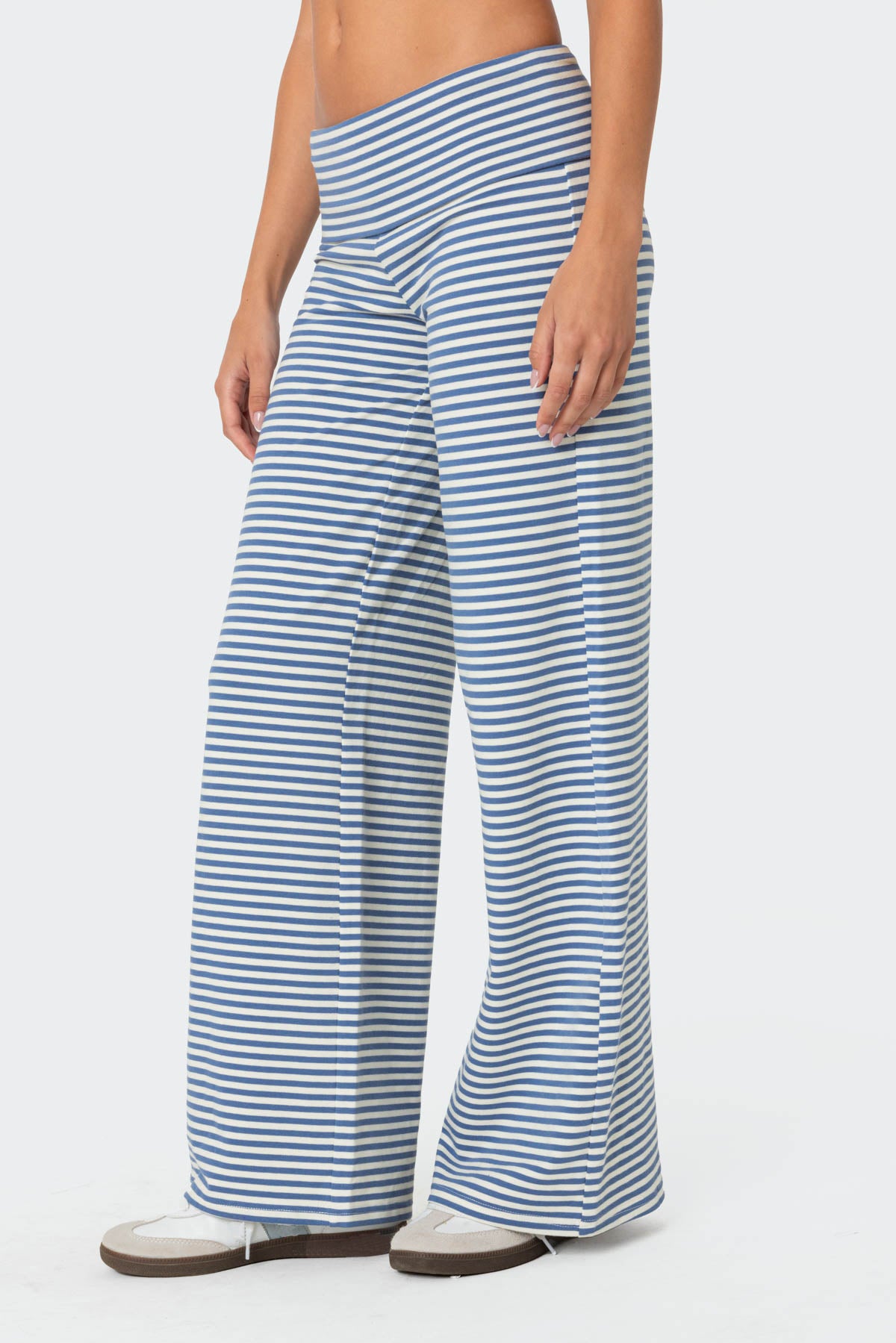 Lilah Striped Fold Over Pants - BLUE AND WHITE