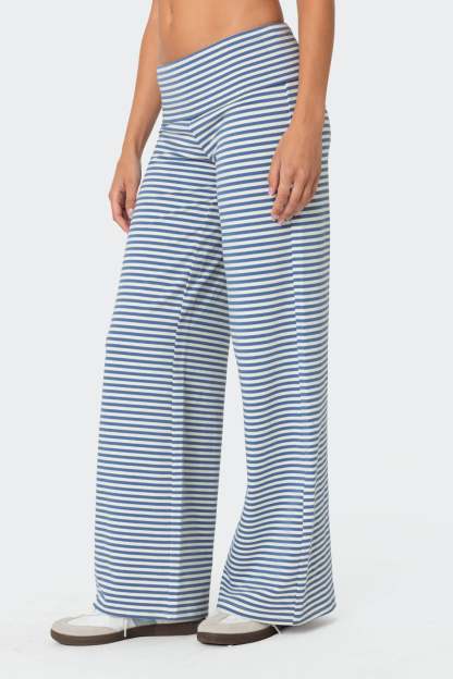 Lilah Striped Fold Over Pants - BLUE AND WHITE