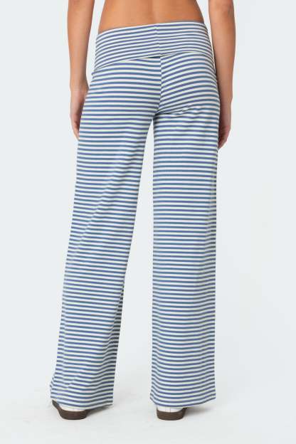 Lilah Striped Fold Over Pants - BLUE AND WHITE