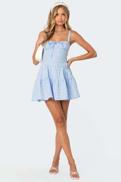 Basil Cupped Gingham Mini Dress - BLUE AND WHITE