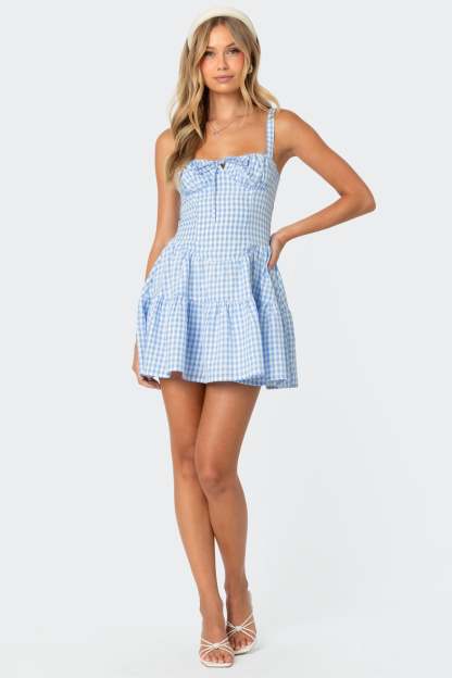 Basil Cupped Gingham Mini Dress - BLUE AND WHITE