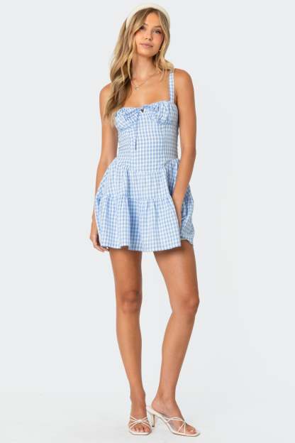 Basil Cupped Gingham Mini Dress - BLUE AND WHITE