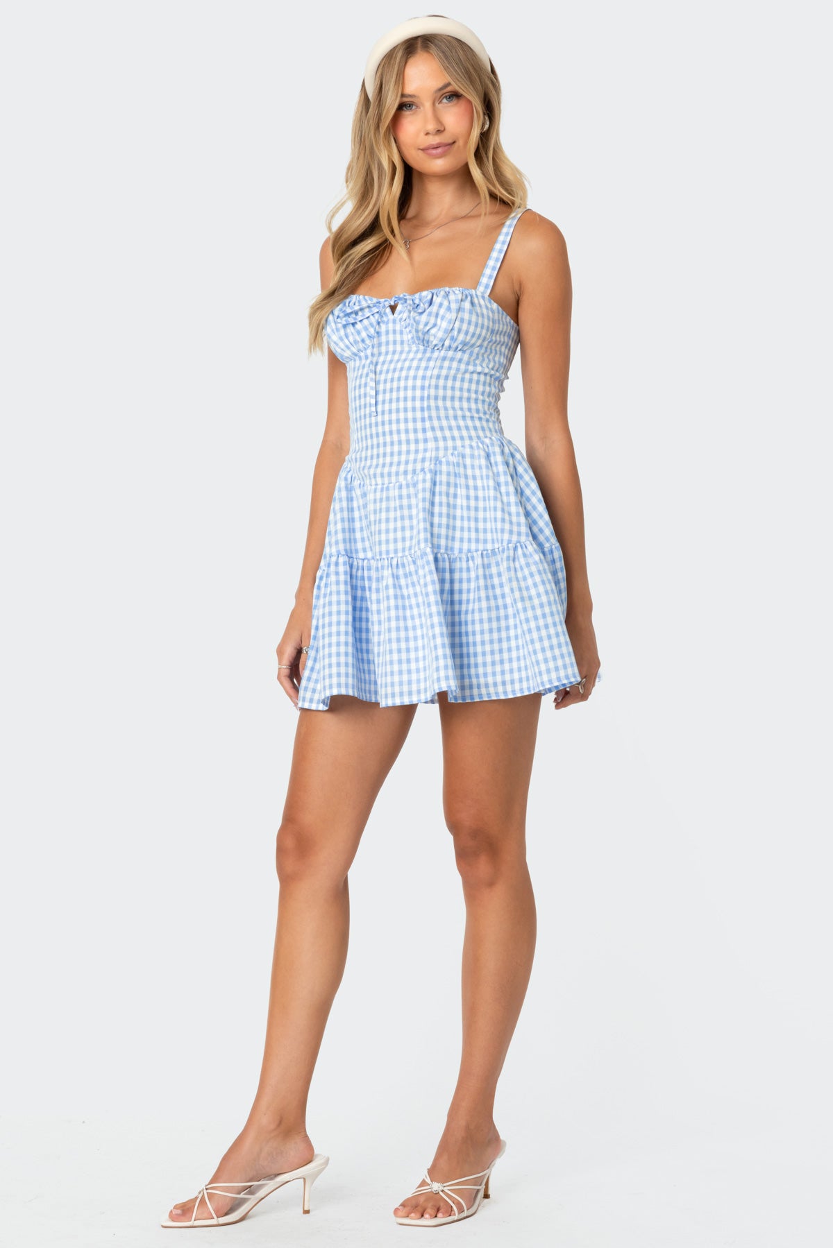 Basil Cupped Gingham Mini Dress - BLUE AND WHITE