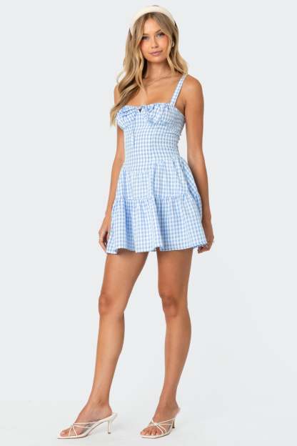 Basil Cupped Gingham Mini Dress - BLUE AND WHITE