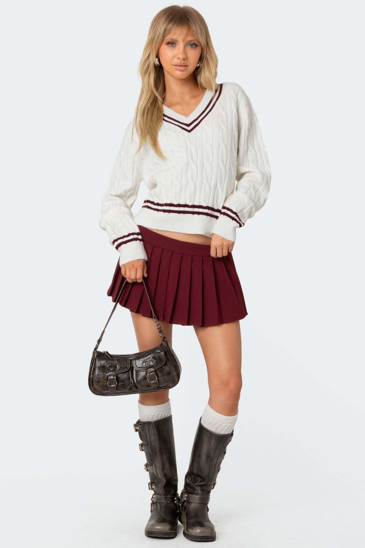 Dean V Neck Cable Knit Sweater - CREAM