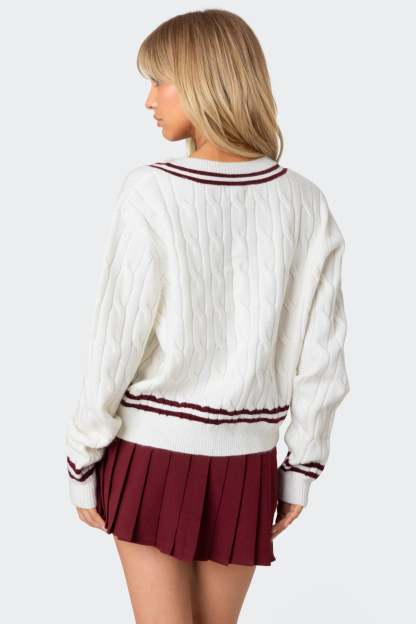 Dean V Neck Cable Knit Sweater - CREAM