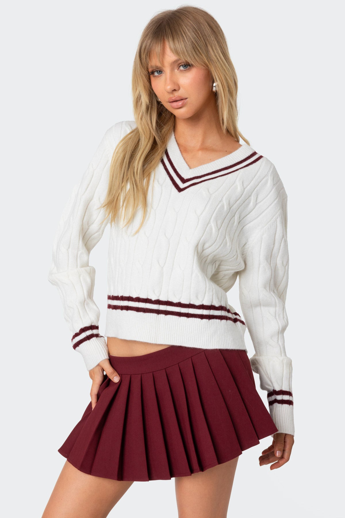 Dean V Neck Cable Knit Sweater - CREAM
