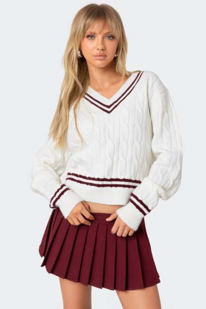 Dean V Neck Cable Knit Sweater - CREAM