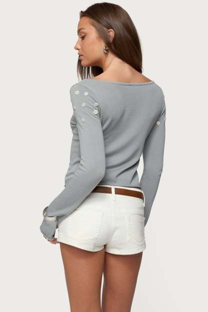 Iridescent Button Boat Neck Top - LIGHT GRAY