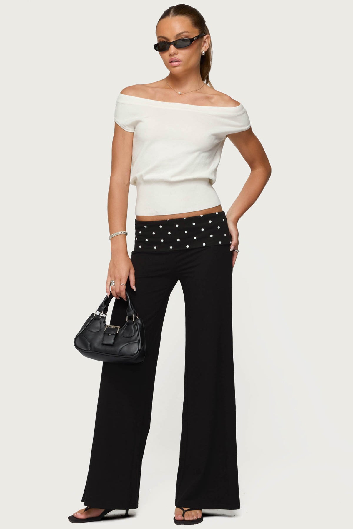 Reeva Polka Dot Foldover Pants - BLACK