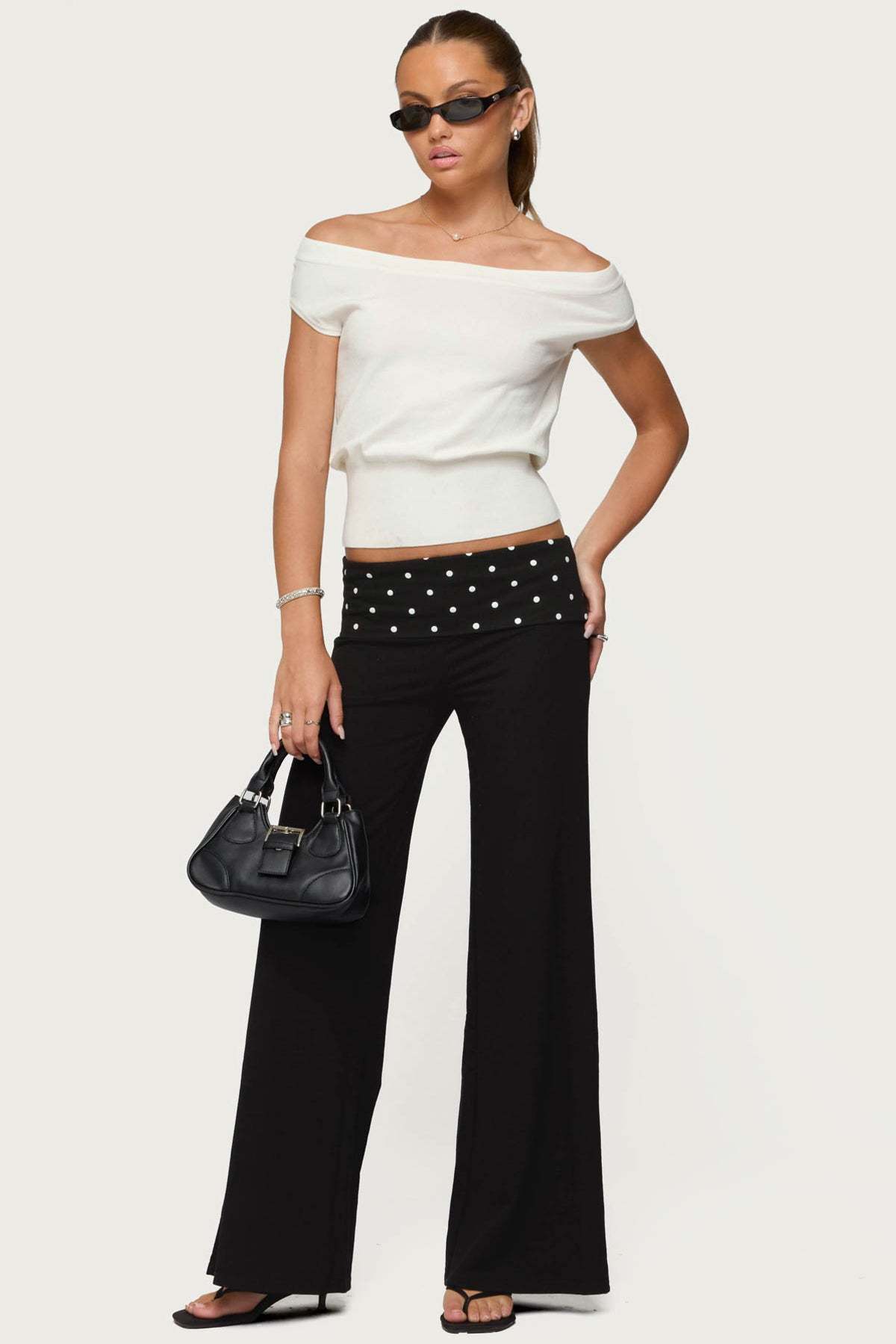 Reeva Polka Dot Foldover Pants - BLACK