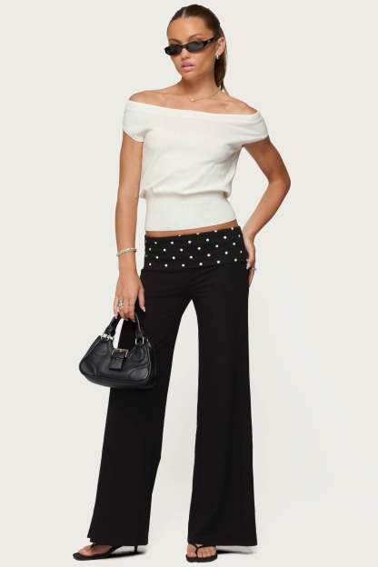 Reeva Polka Dot Foldover Pants - BLACK