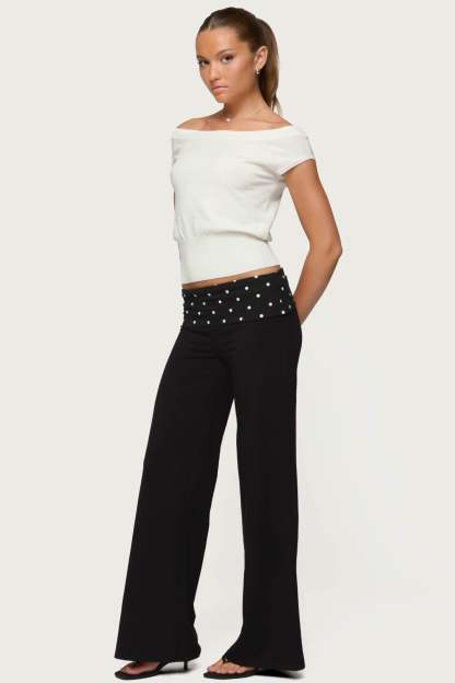 Reeva Polka Dot Foldover Pants - BLACK