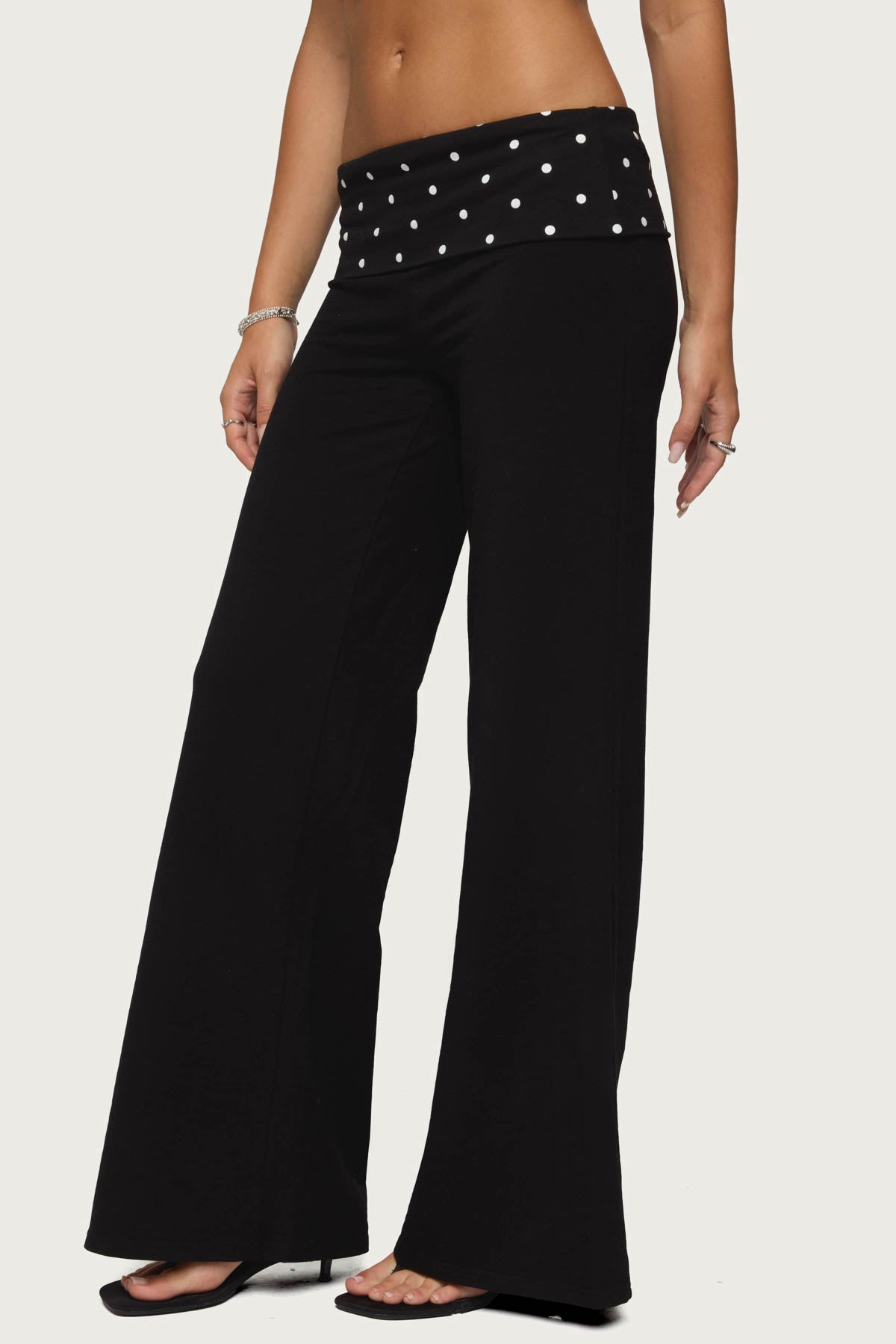 Reeva Polka Dot Foldover Pants - BLACK
