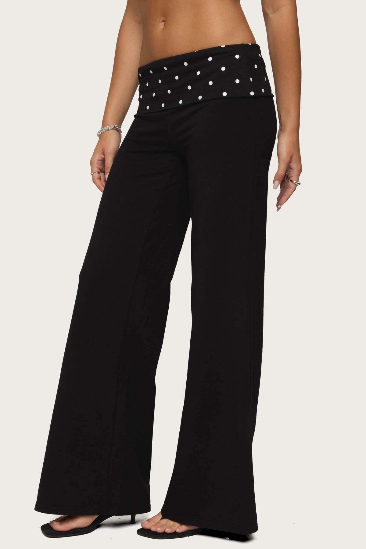 Reeva Polka Dot Foldover Pants - BLACK