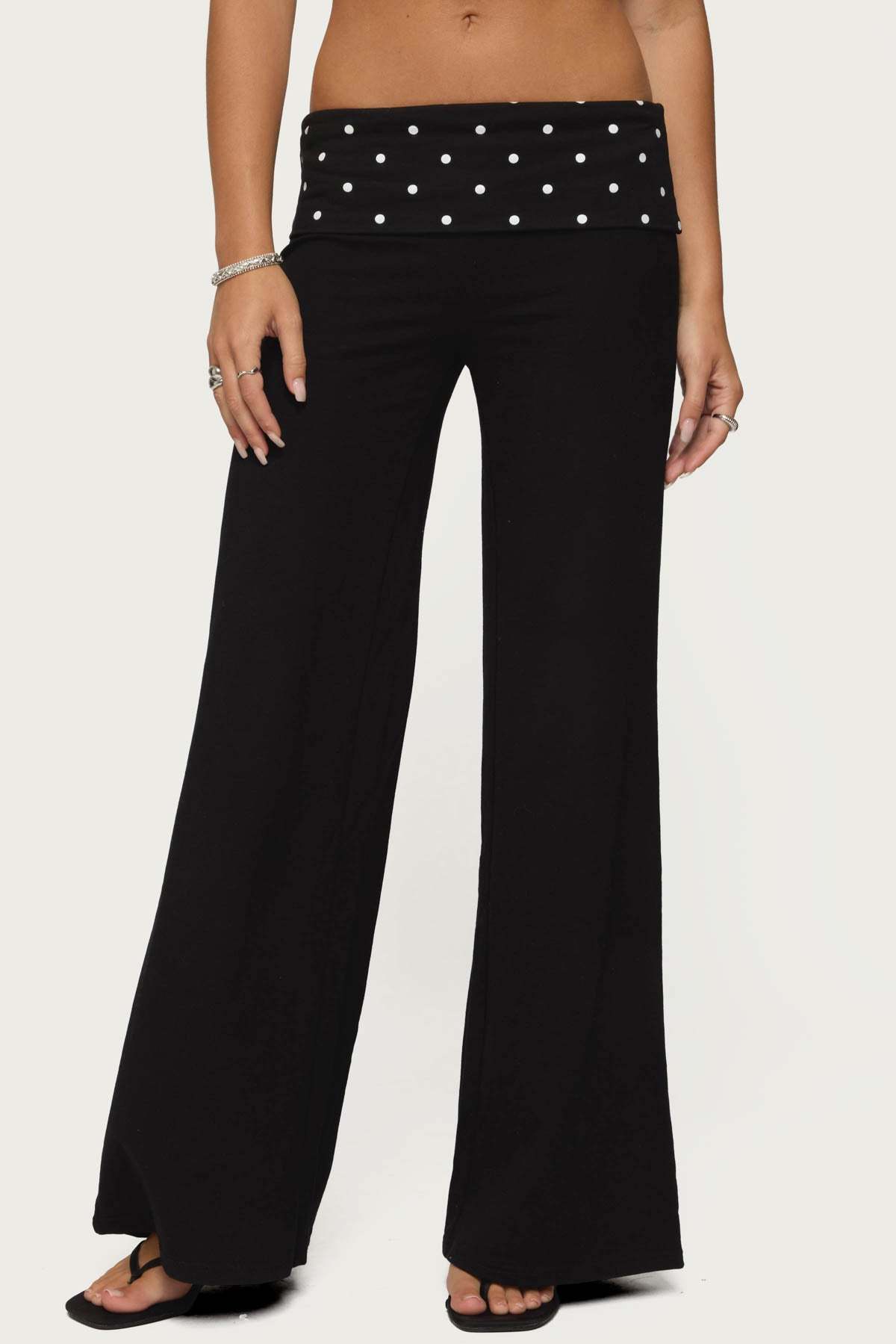 Reeva Polka Dot Foldover Pants - BLACK