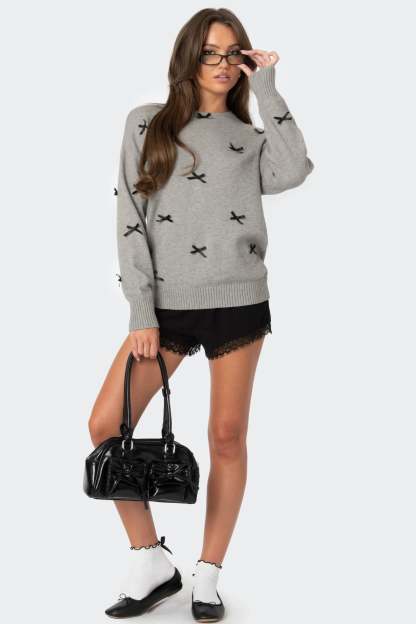 Satin Effect Bow Oversized Sweater - GRAY MELANGE