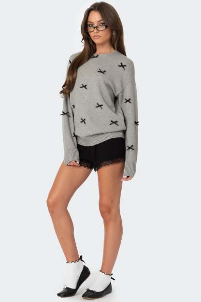 Satin Effect Bow Oversized Sweater - GRAY MELANGE