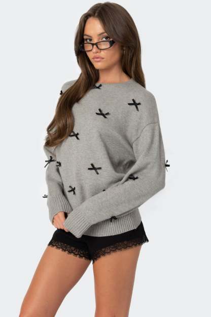 Satin Effect Bow Oversized Sweater - GRAY MELANGE