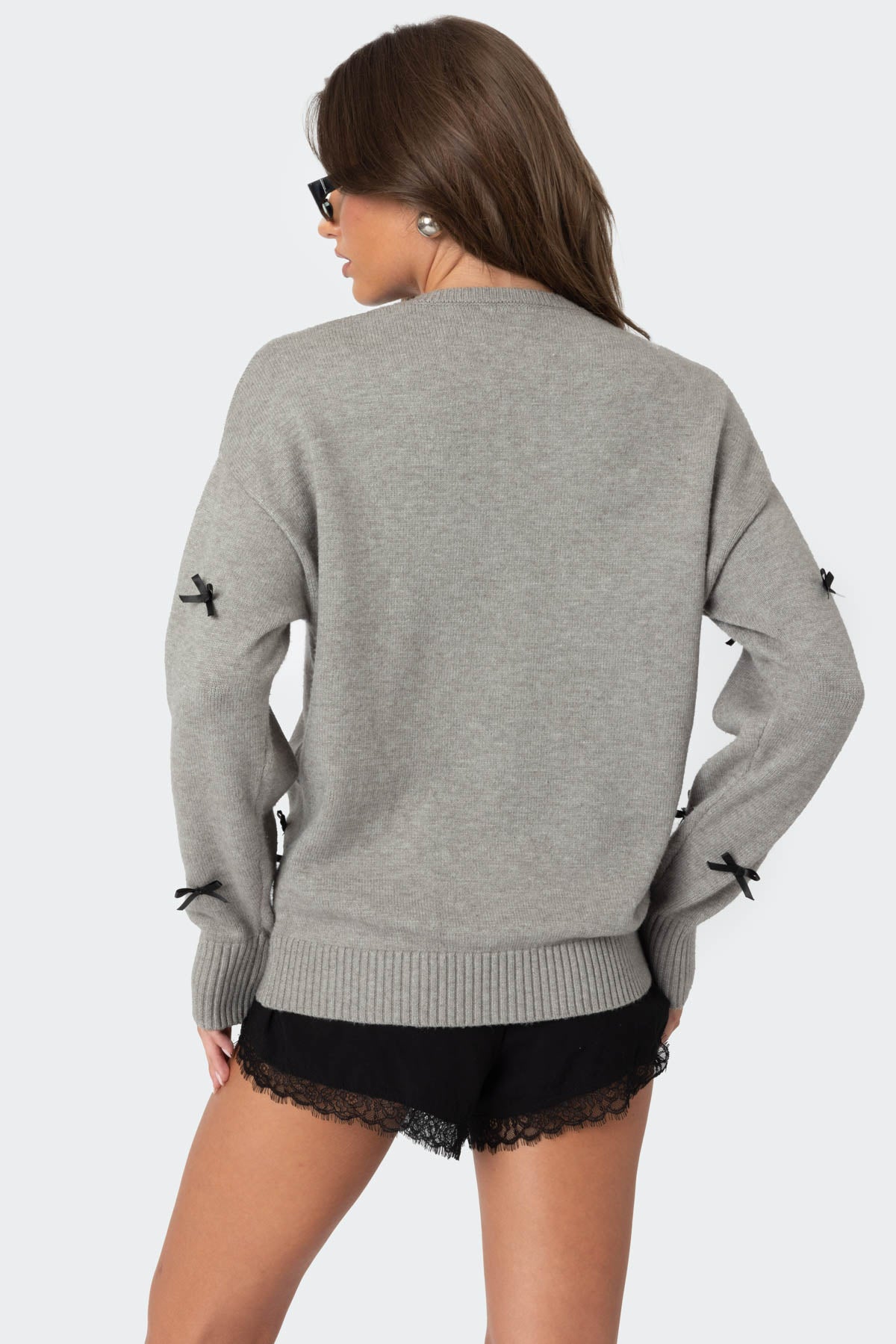 Satin Effect Bow Oversized Sweater - GRAY MELANGE