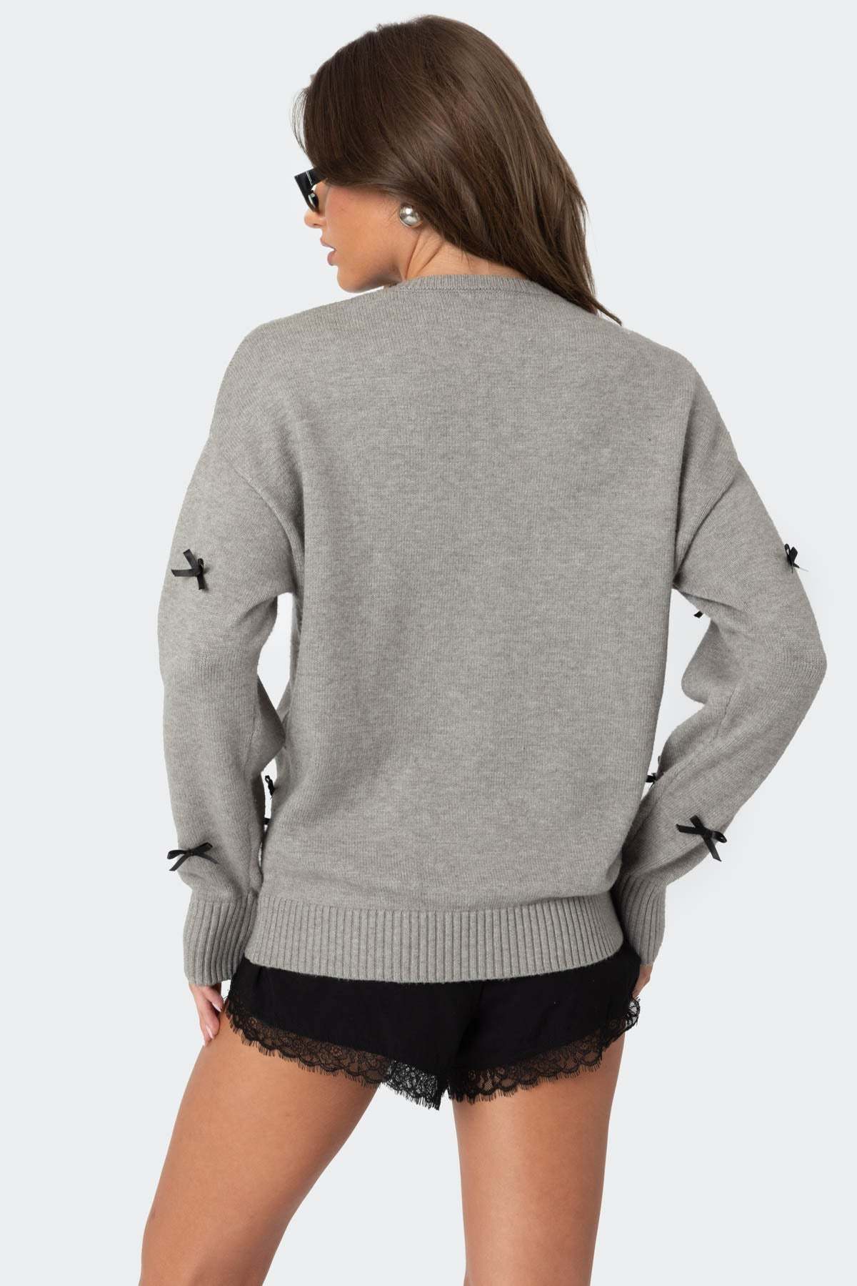 Satin Effect Bow Oversized Sweater - GRAY MELANGE