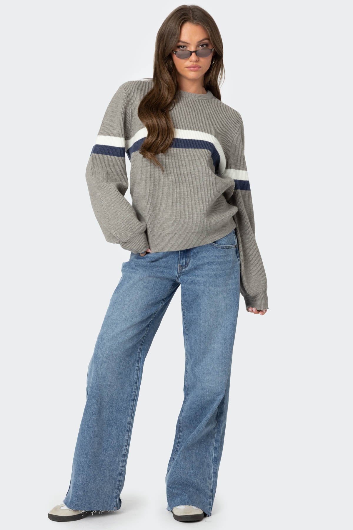 Nautical Striped Oversized Sweater - GRAY MELANGE