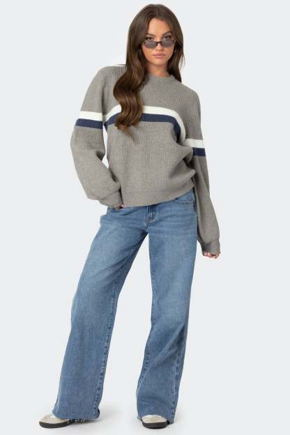 Nautical Striped Oversized Sweater - GRAY MELANGE