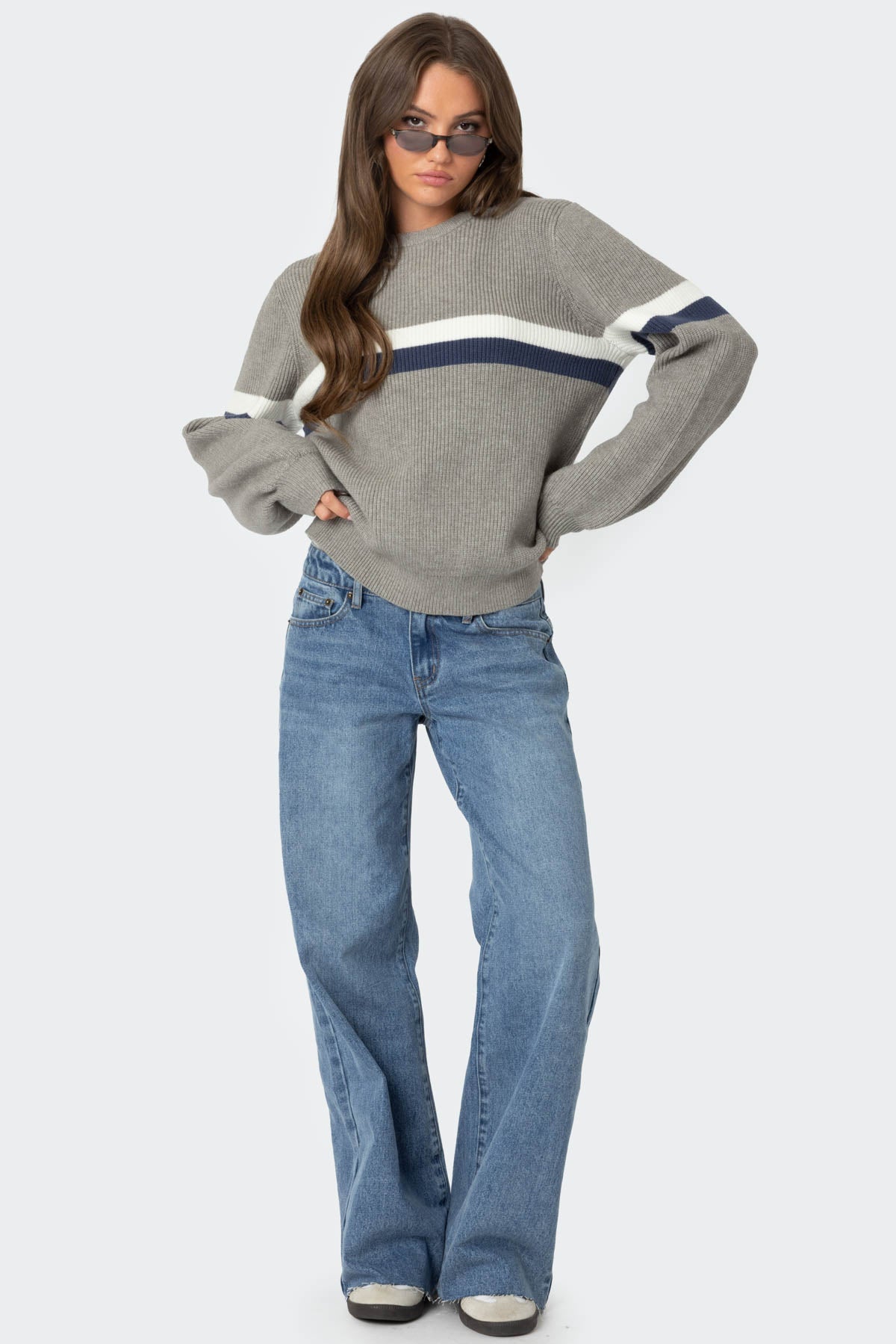 Nautical Striped Oversized Sweater - GRAY MELANGE