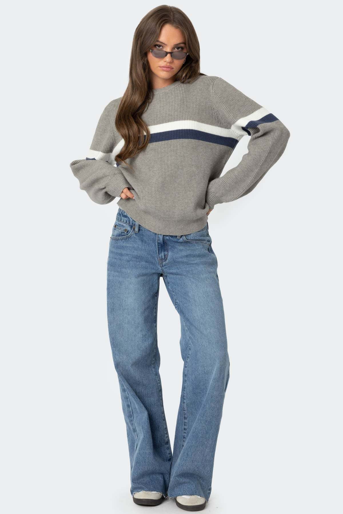 Nautical Striped Oversized Sweater - GRAY MELANGE