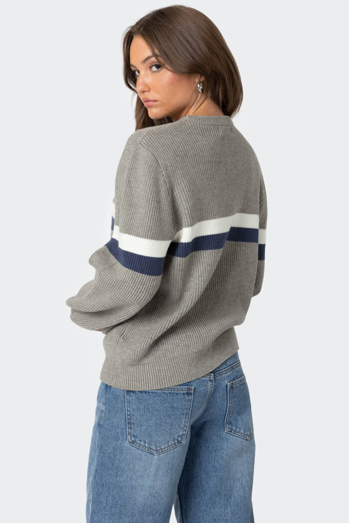 Nautical Striped Oversized Sweater - GRAY MELANGE