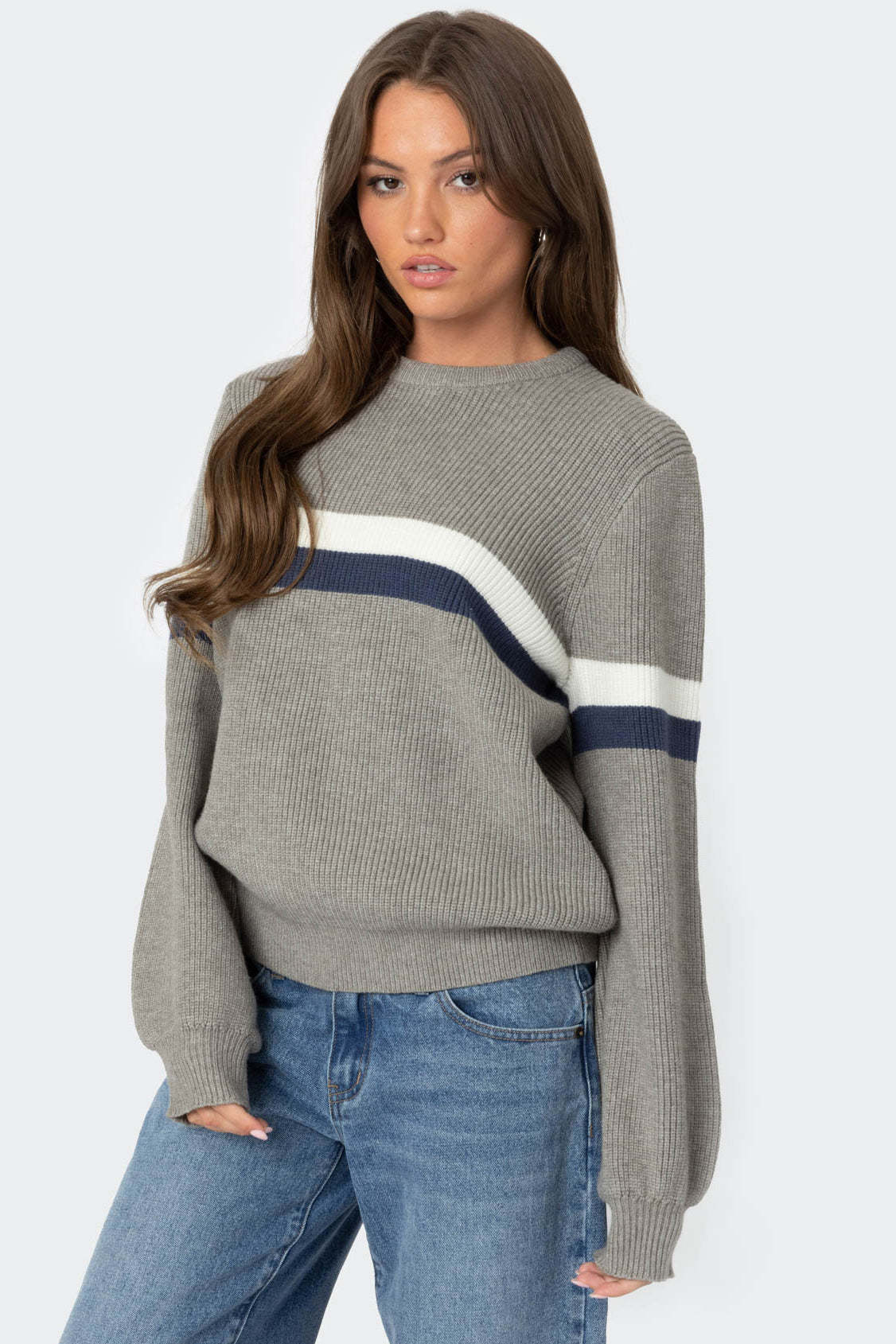 Nautical Striped Oversized Sweater - GRAY MELANGE