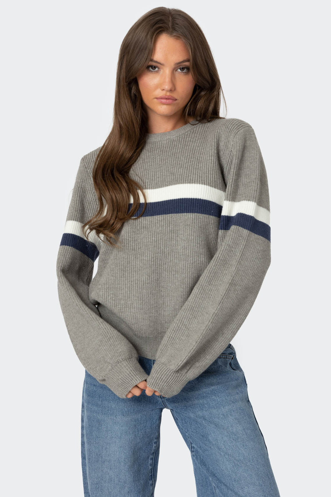 Nautical Striped Oversized Sweater - GRAY MELANGE