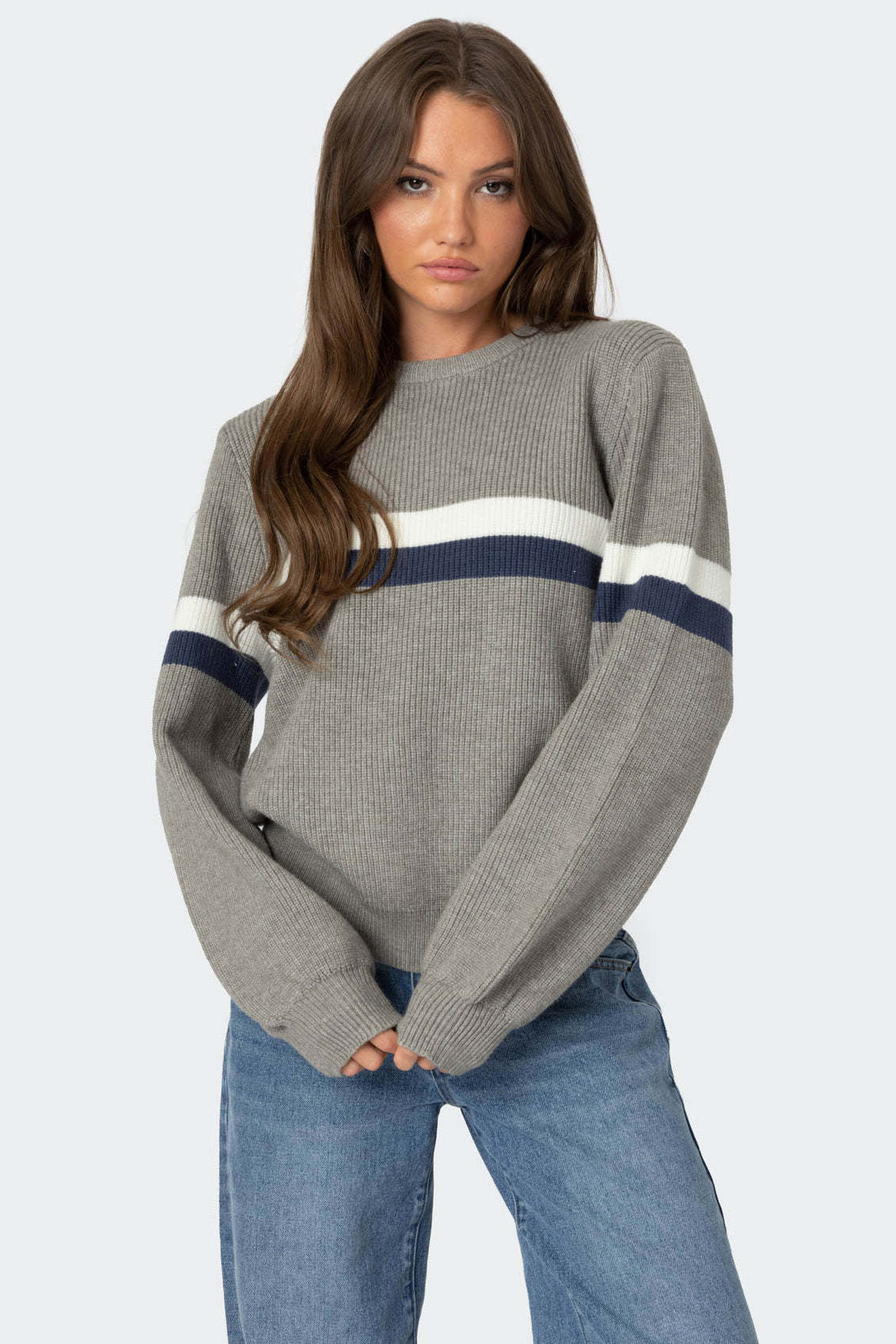 Nautical Striped Oversized Sweater - GRAY MELANGE