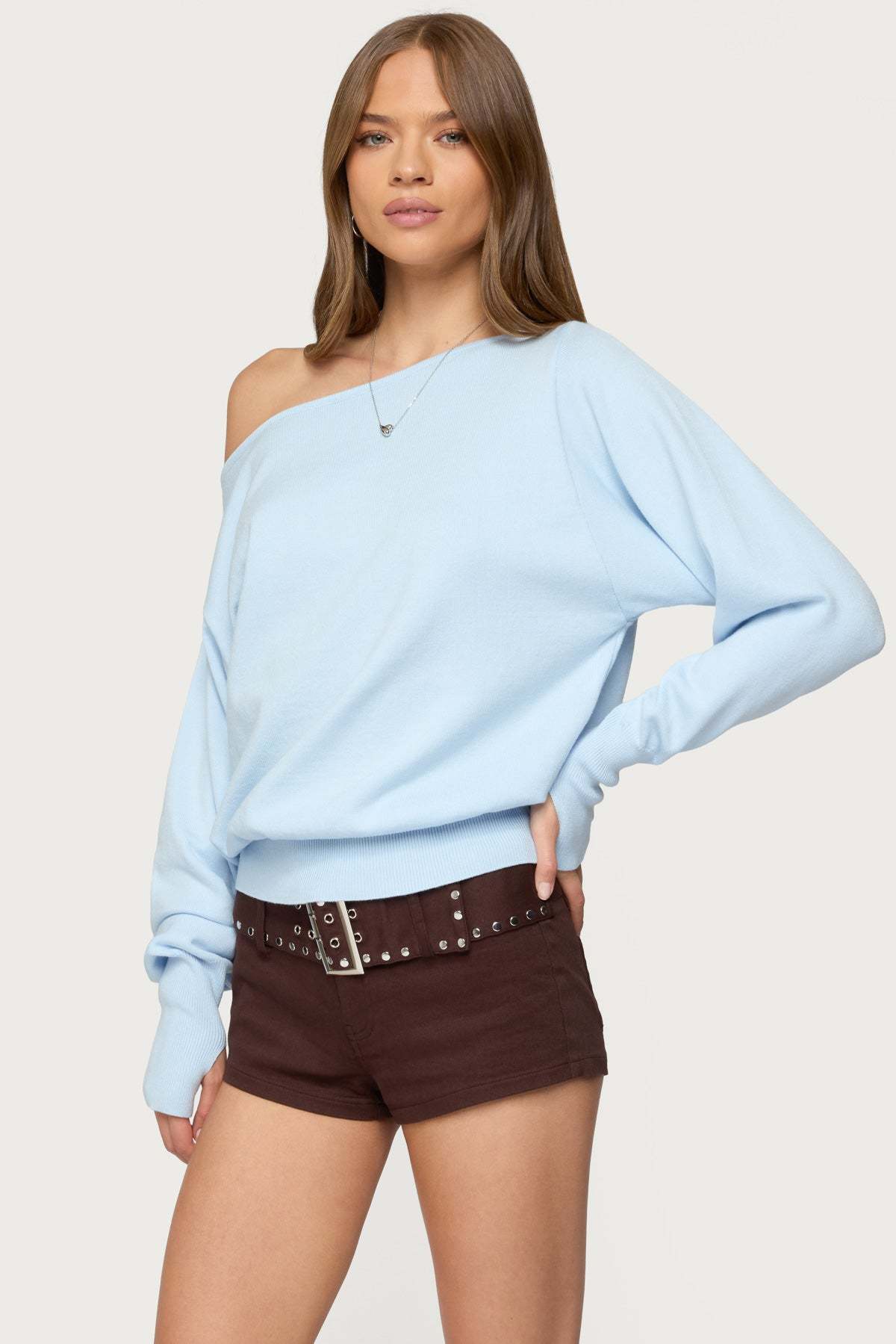 Off Shoulder Oversized Sweater - LIGHT BLUE