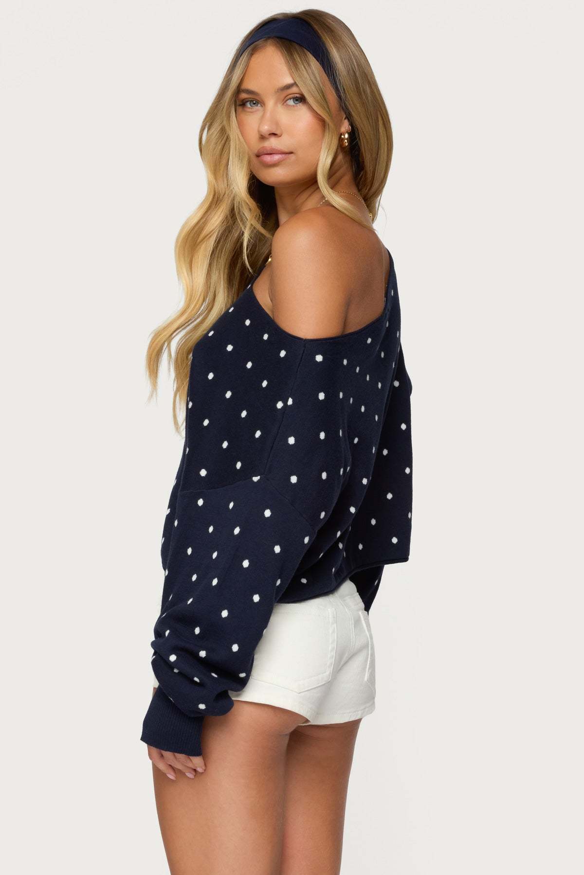 Oversized Off Shoulder Polka Dot Sweater - NAVY