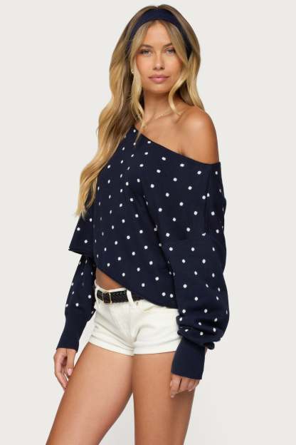 Oversized Off Shoulder Polka Dot Sweater - NAVY