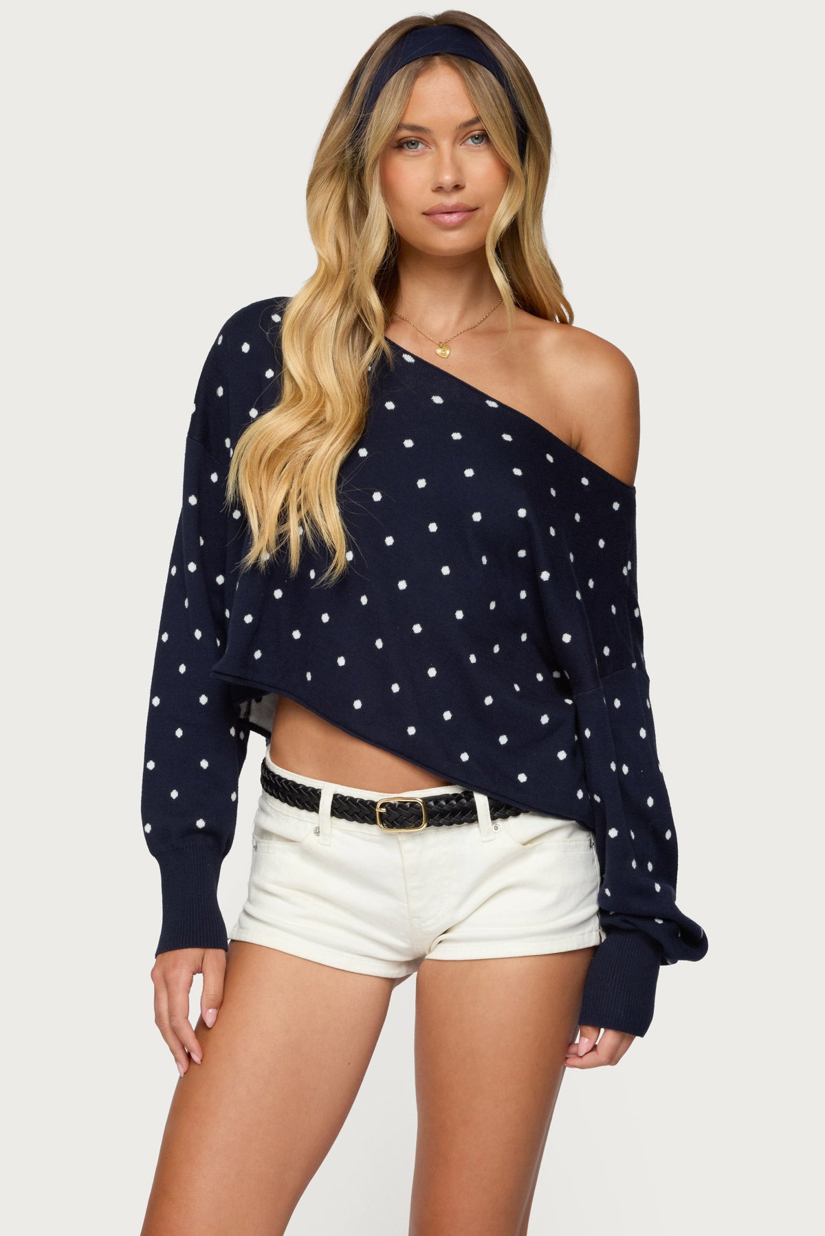 Oversized Off Shoulder Polka Dot Sweater - NAVY